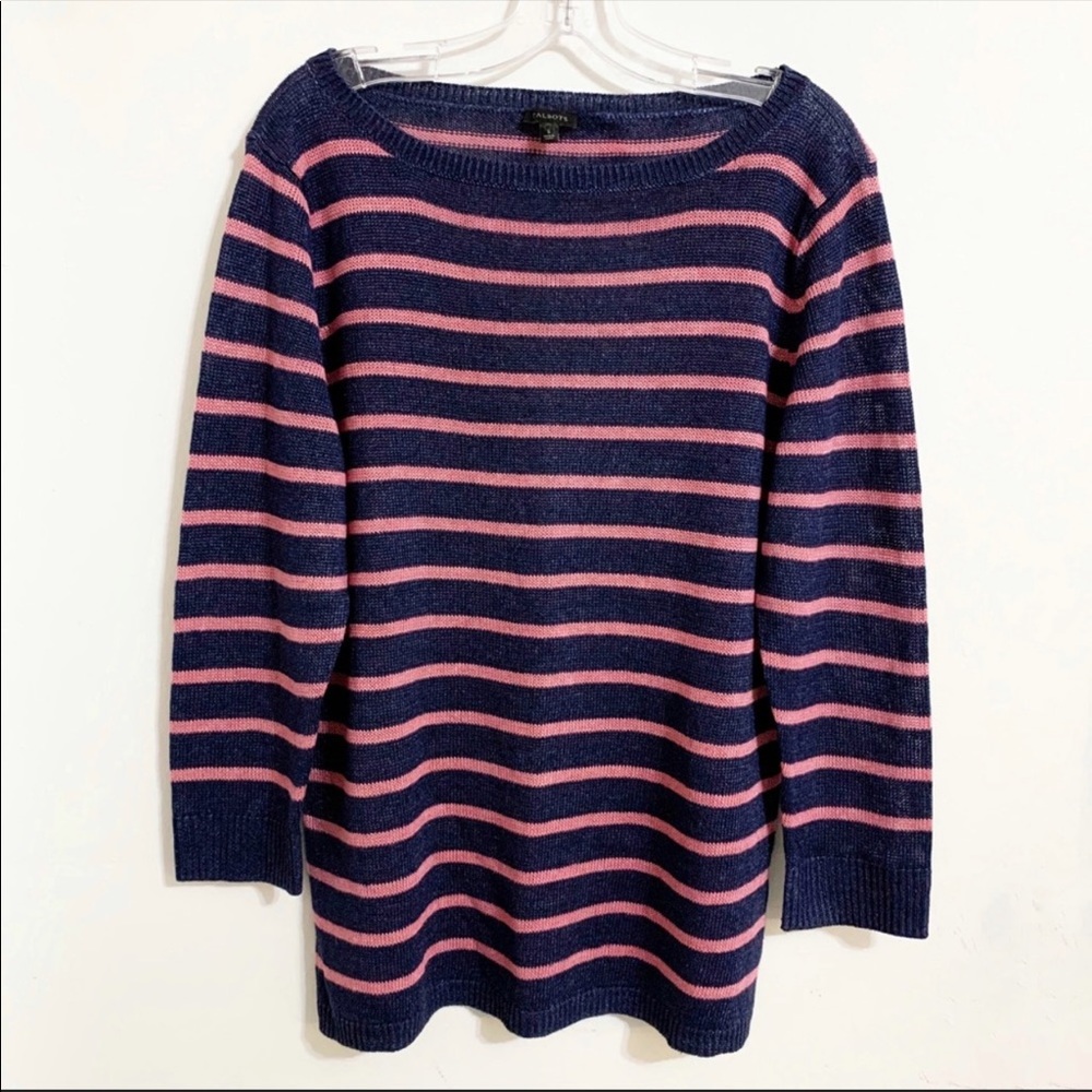 Talbots 3/4 Sleeve Boat neck Blue Striped Top
